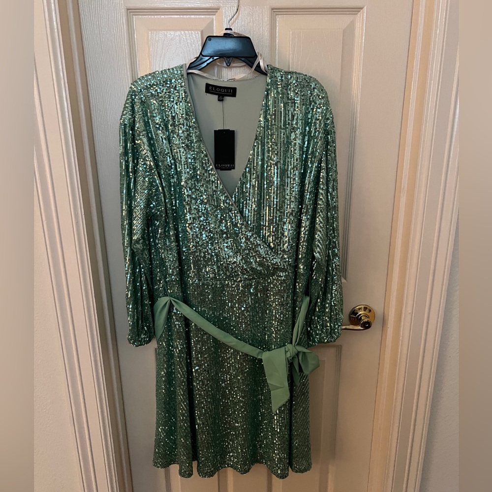 Eloquii Sequin Wrap Dress in Shimmering Sage Green